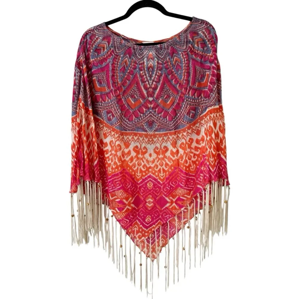 Chico's Phoebe Poncho Linen Semi Sheer Beaded Fringe Southwestern Cowgirl Sz OS - Picture 2 of 7